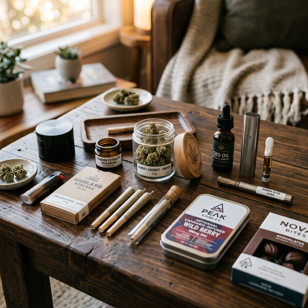 Cannabis products including jars, pre-rolls, CBD oil, vape cartridges, edibles, and packaging on wooden table